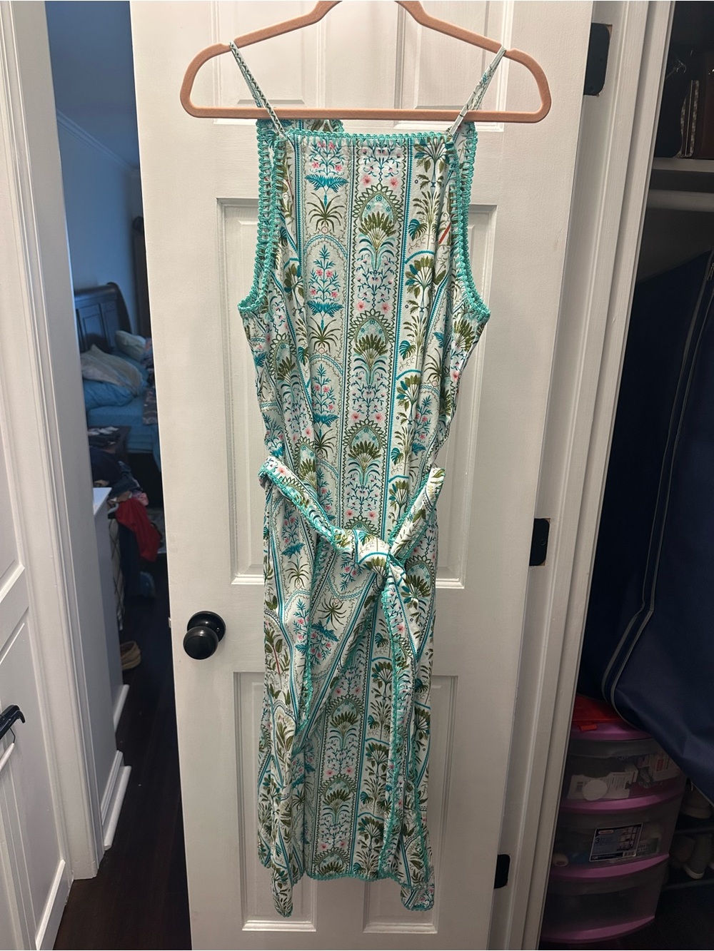 crown & ivy Teal and White Printed Midi Dress with Tie Belt